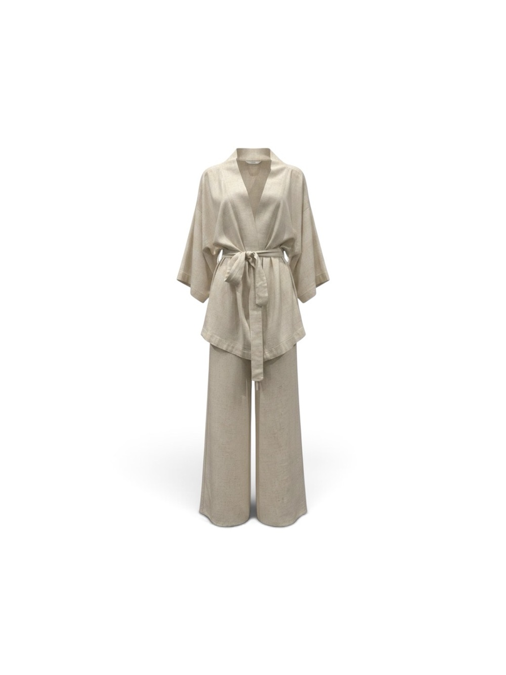 Neutral LINEN Beige Wide-Leg Pant Set with Tie Waist